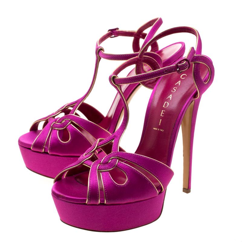Purple Casadei Magenta Satin T-Strap Open Toe Platform Sandals Size 38