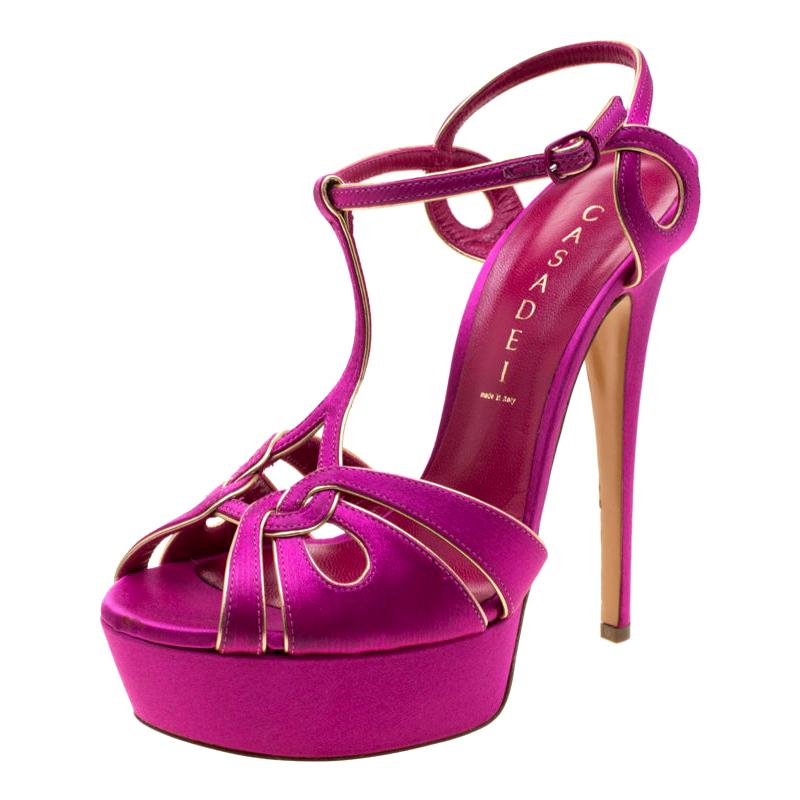 Casadei Magenta Satin T-Strap Open Toe Platform Sandals Size 38