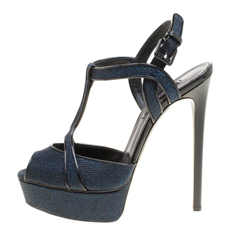 Casadei Metallic Blue Gliiter Fabric T-Strap Peep Toe Platform Sandals ...