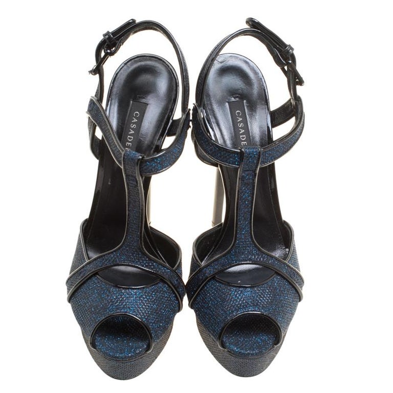 Casadei Metallic Blue Gliiter Fabric T-Strap Peep Toe Platform Sandals ...