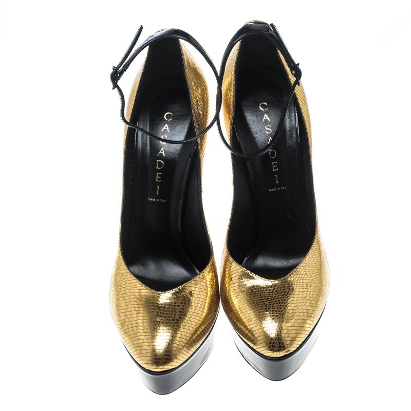Black Casadei Metallic Embossed Gold Leather Ankle Strap Platform Pumps Size 39
