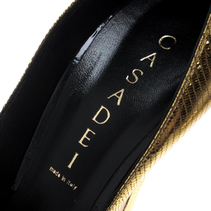 Casadei Metallic Embossed Gold Leather Ankle Strap Platform Pumps Size 39 2