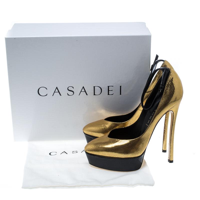 Casadei Metallic Embossed Gold Leather Ankle Strap Platform Pumps Size 39 3
