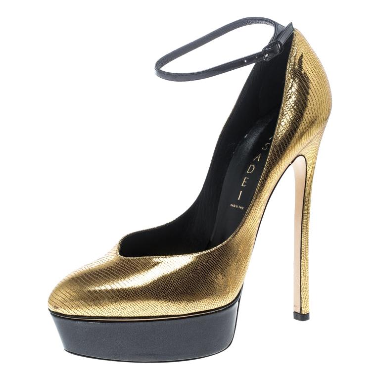 Casadei Metallic Embossed Gold Leather Ankle Strap Platform Pumps Size 39