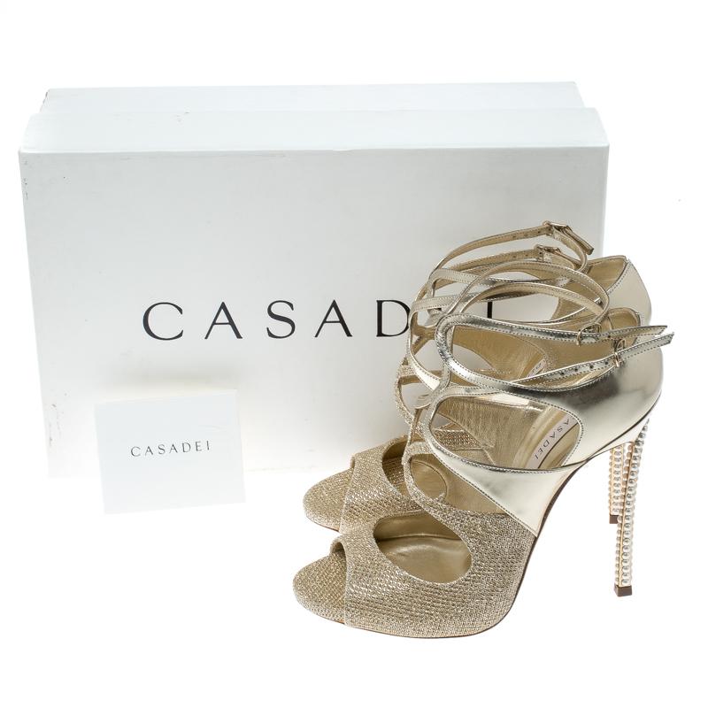 Casadei Metallic Gold and Lamè Fabric Ankle Strap Peep Toe Sandals Size 36 4