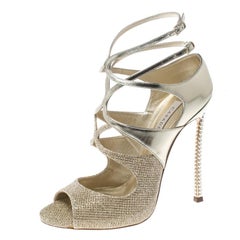 Casadei Metallic Gold and Lamè Fabric Ankle Strap Peep Toe Sandals Size 36