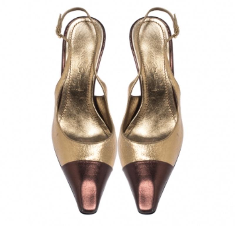 Marron Casadei Metallic Gold/Brown Leather Pointed Toe Slingback Sandals Size 37.5 (Sandales à talon aiguille en cuir métallisé or/brun)