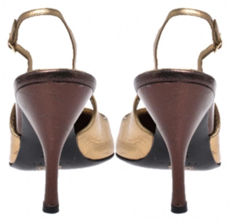  Casadei Metallic Gold/Brown Leather Pointed Toe Slingback Sandals Size 37.5 (Sandales à talon aiguille en cuir métallisé or/brun) Pour femmes 