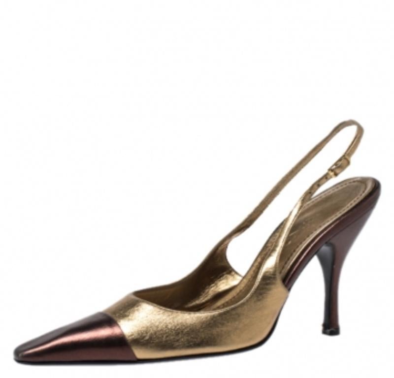 Casadei Metallic Gold/Brown Leather Pointed Toe Slingback Sandals Size 37.5 (Sandales à talon aiguille en cuir métallisé or/brun) 1