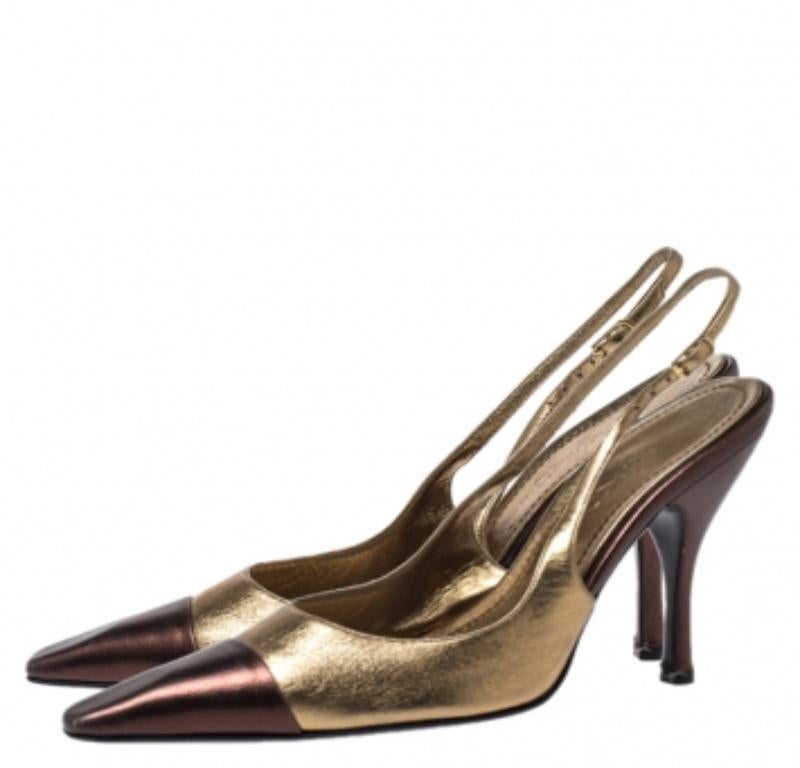 Casadei Metallic Gold/Brown Leather Pointed Toe Slingback Sandals Size 37.5 (Sandales à talon aiguille en cuir métallisé or/brun) 2