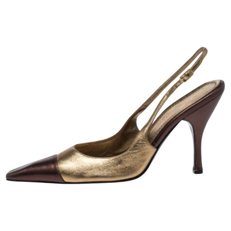 Casadei Metallic Gold/Brown Leather Pointed Toe Slingback Sandals Size 37.5 (Sandales à talon aiguille en cuir métallisé or/brun)