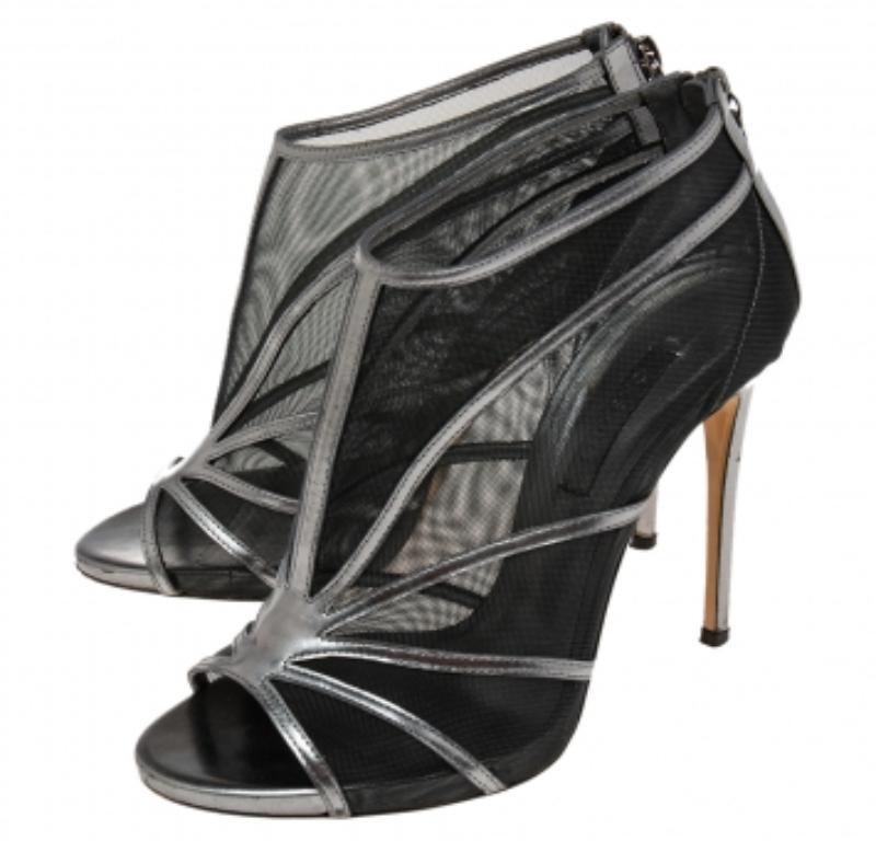 Gray Casadei Metallic Grey/Black Leather and Mesh Open-Toe Ankle Booties Size 38 For Sale