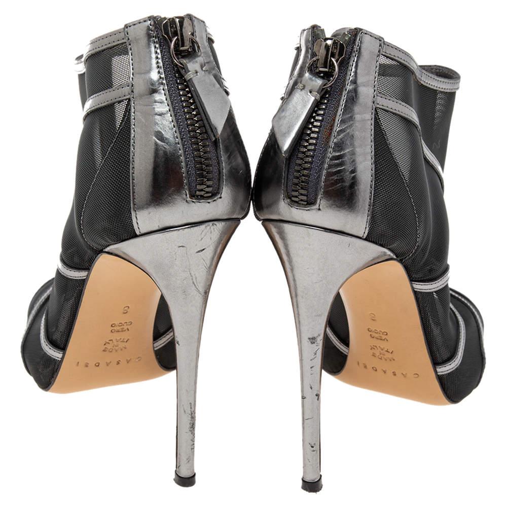 Donna Casadei, stivaletti aperti in pelle e rete grigio/nero metallizzato, misura 38