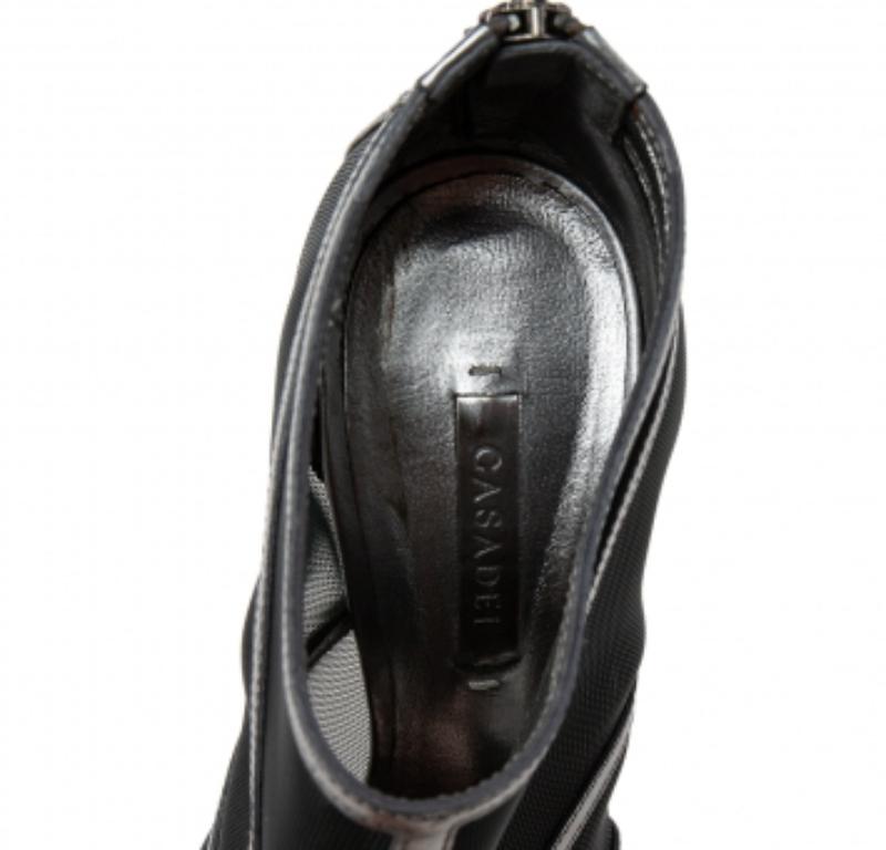 Women's Casadei Metallic Grey/Black Leather and Mesh Open-Toe Ankle Booties Size 38 For Sale