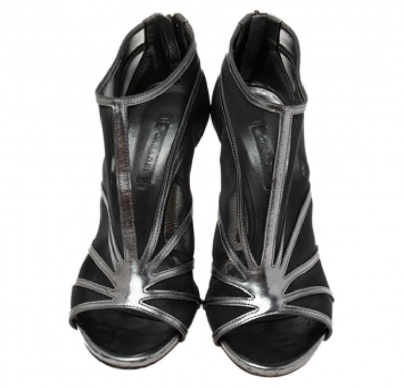 Casadei Metallic Grey/Black Leather and Mesh Open-Toe Ankle Booties Size 38 For Sale 1