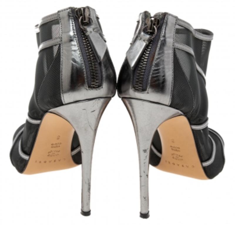 Casadei Metallic Grey/Black Leather and Mesh Open-Toe Ankle Booties Size 38 For Sale 2