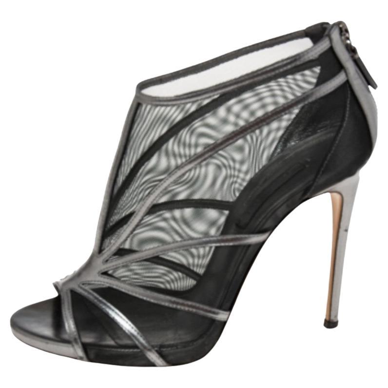 Casadei Metallic Grey/Black Leather and Mesh Open-Toe Ankle Booties Size 38 For Sale