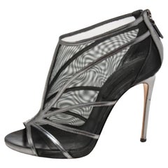 Casadei Metallic Grey/Black Leather and Mesh Open-Toe Ankle Booties Size 38