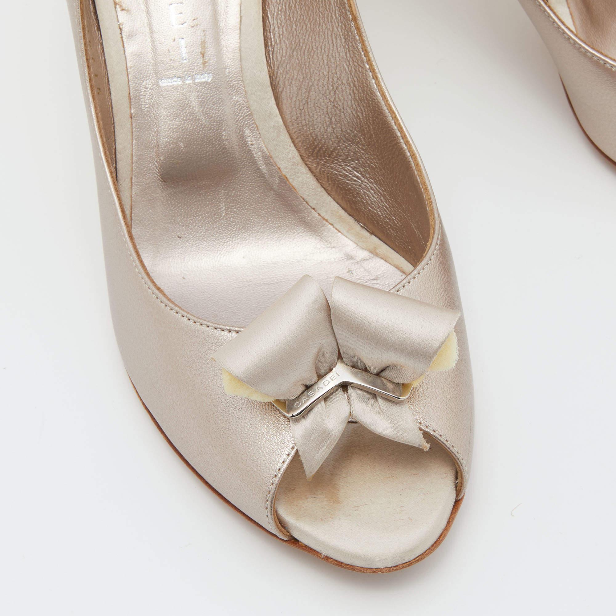 Casadei Metallic Leather and Satin Bow Peep Toe Pumps Size 39 For Sale 2