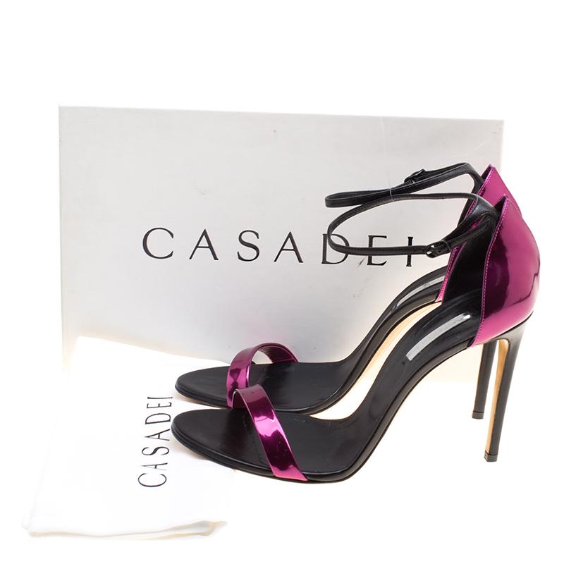 Casadei Metallic Magenta and Black Leather Ankle Strap Open Toe Sandals Size 41 1