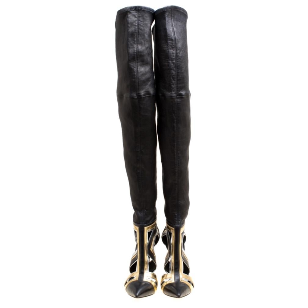 Black Casadei Multiclor Leather Cut Out Over The Knee Boots Size 40