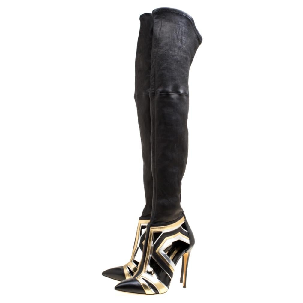 Casadei Multiclor Leather Cut Out Over The Knee Boots Size 40 In Good Condition In Dubai, Al Qouz 2