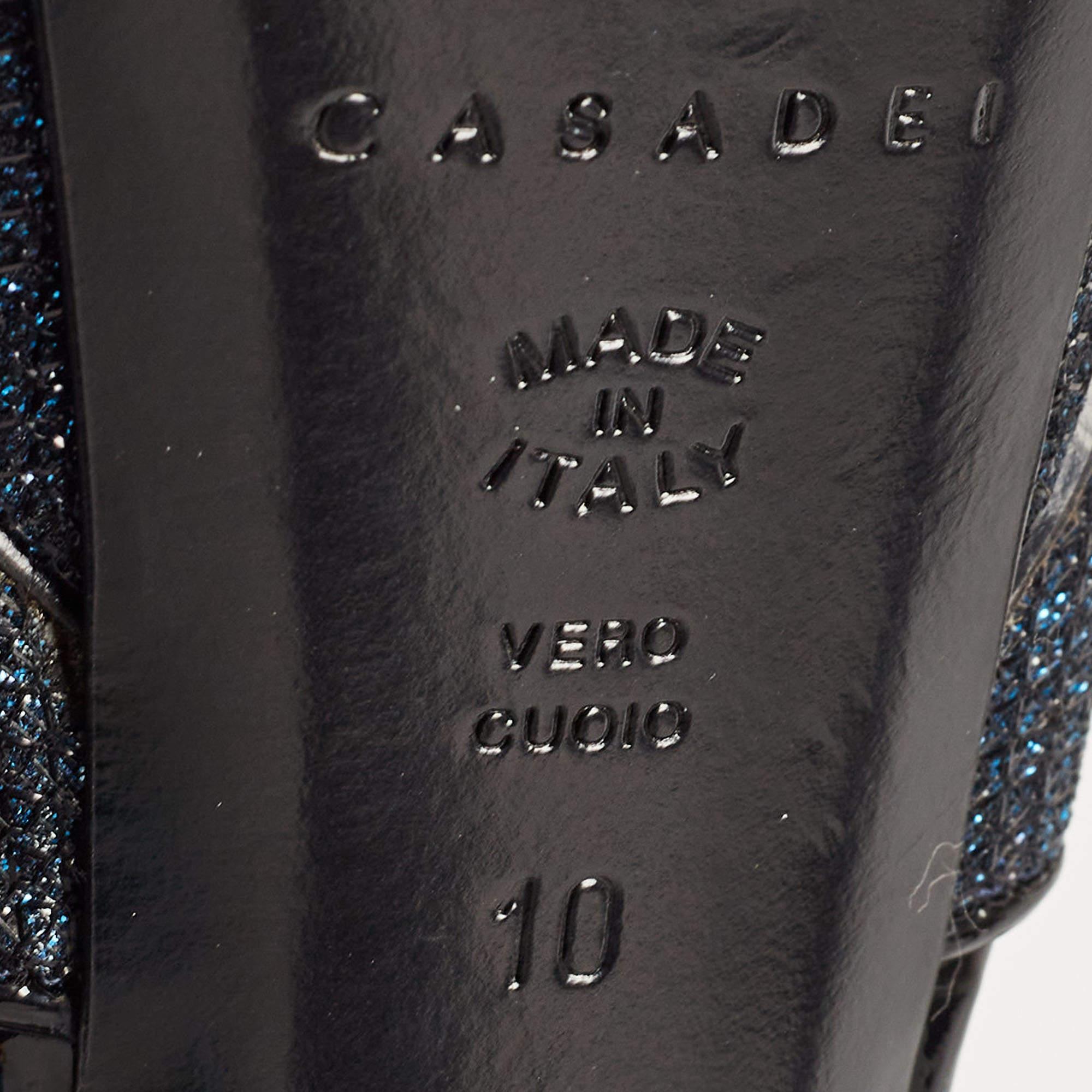 Casadei Navy Blue/Black Glitter and Patent Leather Platform Sandals Size 40 For Sale 2