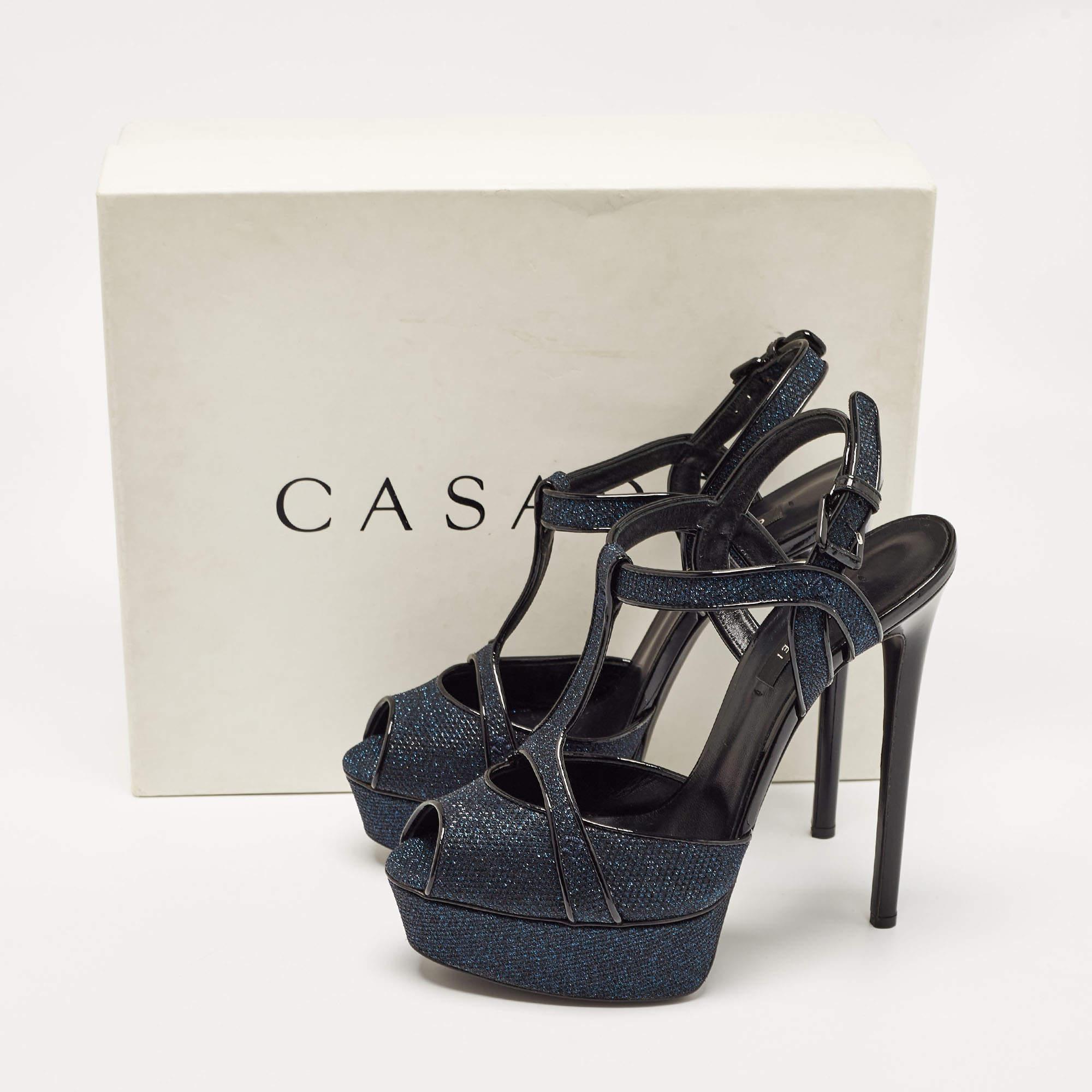 Casadei Navy Blue/Black Glitter and Patent Leather Platform Sandals Size 40 For Sale 3