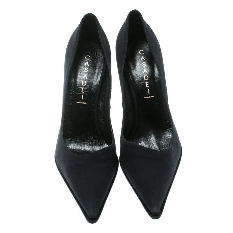 Casadei Navy Blue Satin Pointed Toe Pumps Size 38.5 For Sale at 1stDibs