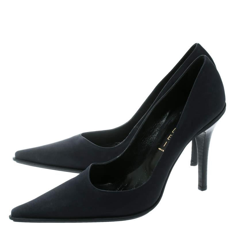 Casadei Navy Blue Satin Pointed Toe Pumps Size 38.5 For Sale 1