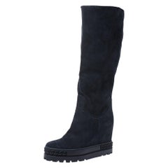 Casadei Navy Blue Suede Concealed Wedge Knee Length Boots Size 39