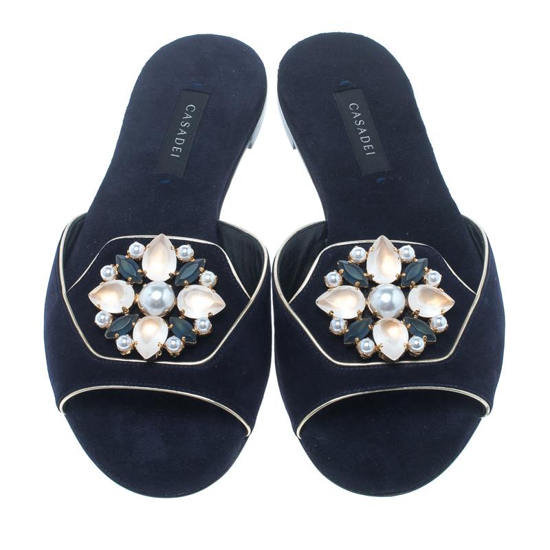 Black Casadei Navy Blue Suede Crystal Brooch Embellished Peep Toe Flat Slides Size 36