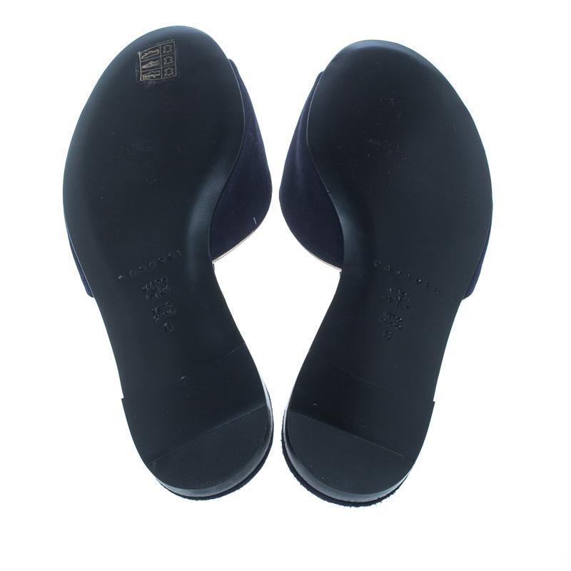 Women's Casadei Navy Blue Suede Crystal Brooch Embellished Peep Toe Flat Slides Size 36