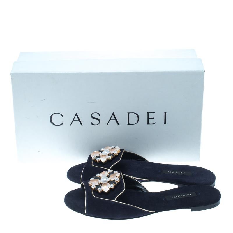 Casadei Navy Blue Suede Crystal Brooch Embellished Peep Toe Flat Slides Size 36 3
