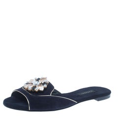 Casadei Navy Blue Suede Crystal Brooch Embellished Peep Toe Flat Slides Size 36