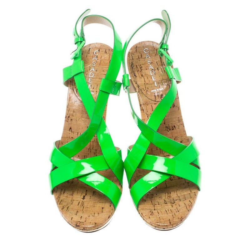 Casadei Neon Green Patent Leather Strappy Platform Cork Sandals Size 40
