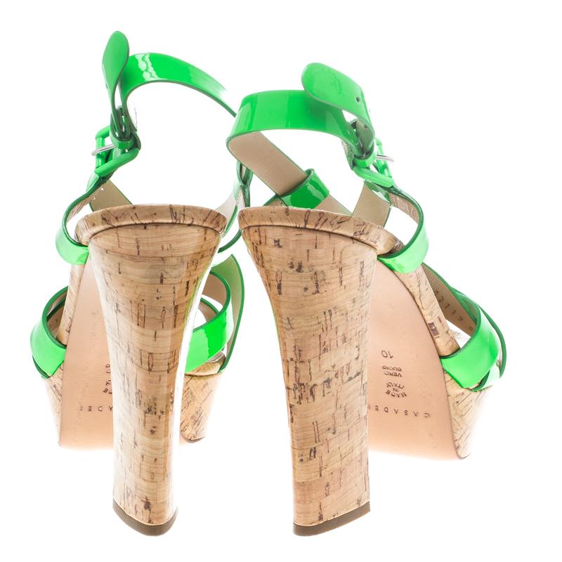 Women's Casadei Neon Green Patent Leather Strappy Platform Cork Sandals Size 40