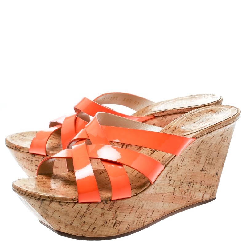 Casadei Orange Patent Leather Cross Strap Cork Wedge Platform Sandals Size 41 1