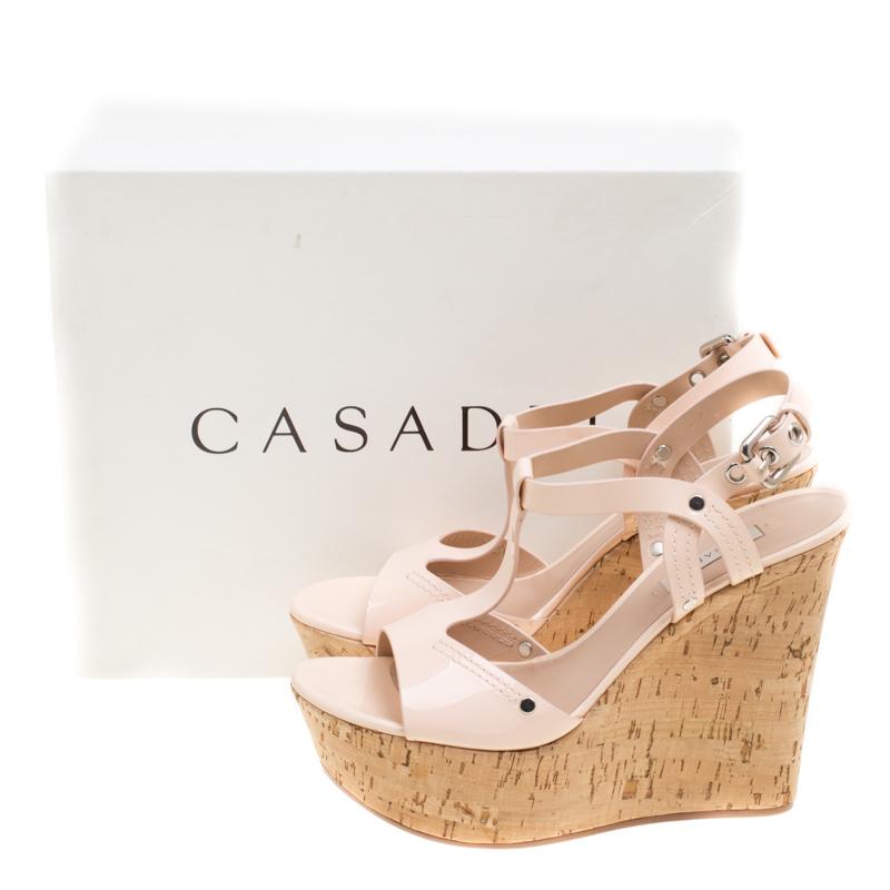 Casadei Pale Pink Patent Leather Cork Wedge T Strap Sandals Size 41 2