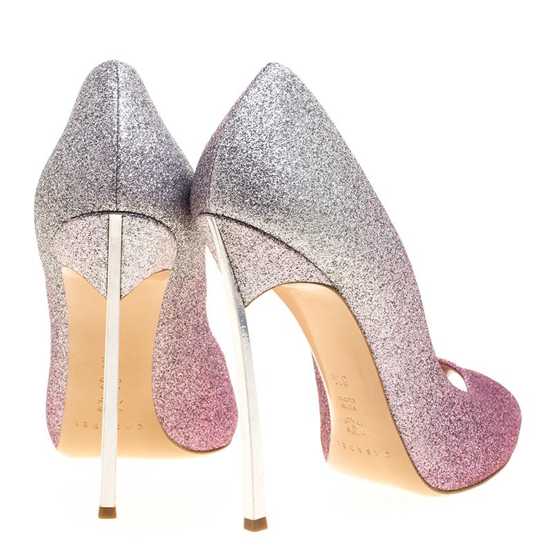 Beige Casadei Pink and Silver Ombrè Glitter Pegasus Peep Toe Pumps Size 38.5