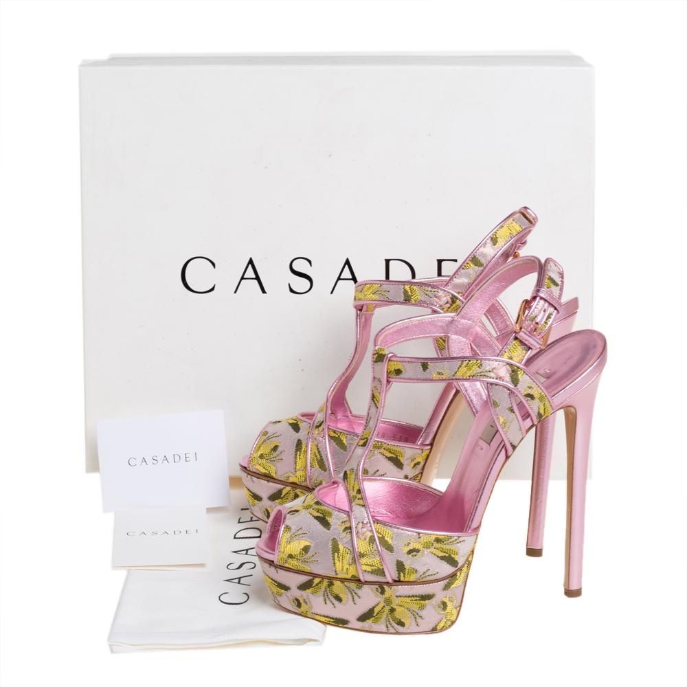 Casadei Pink Leather And Jacquard Bee Motif Sandals Size 38 2