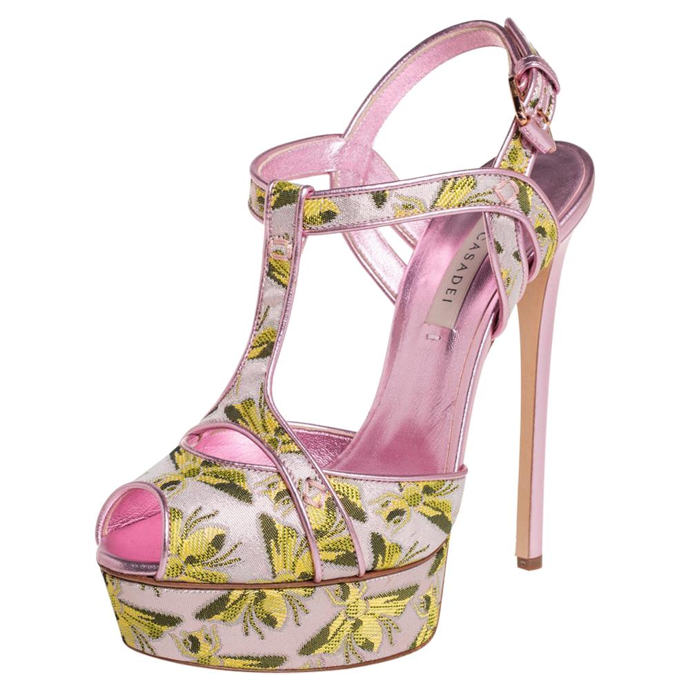 Casadei Pink Leather And Jacquard Bee Motif Sandals Size 38