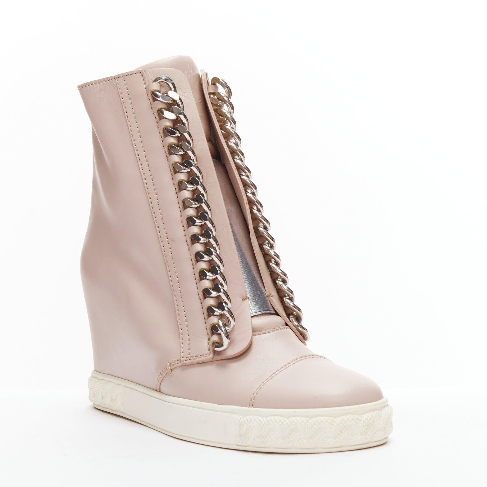 CASADEI pink leather silver chain trim ankle wedge sneakers EU39.5
Reference: AAWC/A00557
Brand: Casadei
Material: Leather, Metal
Color: Pink, Silver
Pattern: Solid
Closure: Zip
Lining: White Leather
Extra Details: Back zip.
Made in: