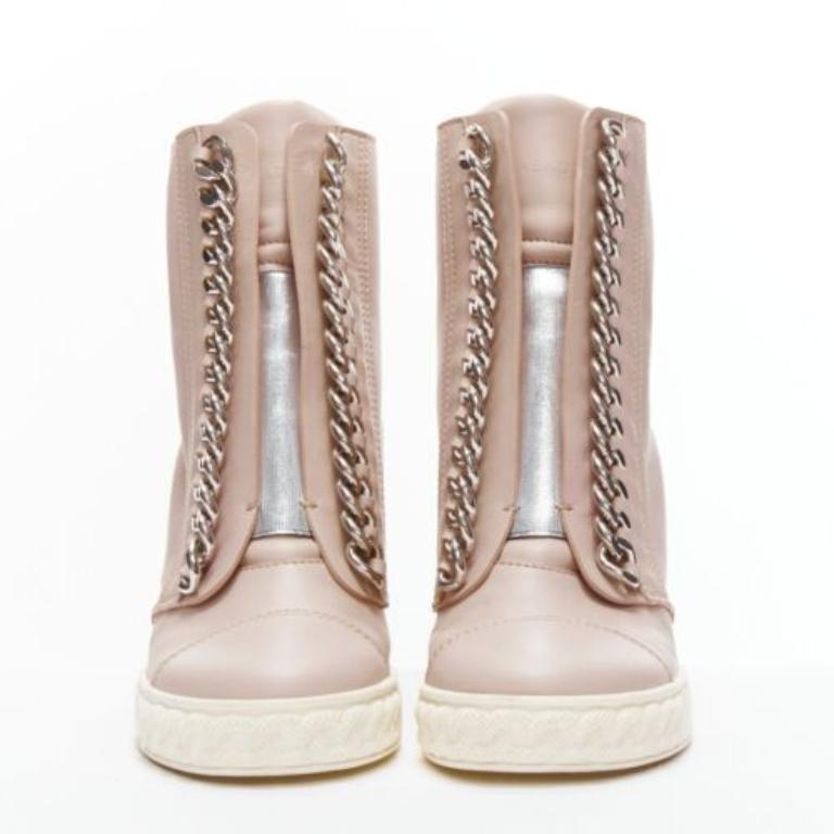 Beige CASADEI pink leather silver chain trim ankle wedge sneakers EU39.5 For Sale
