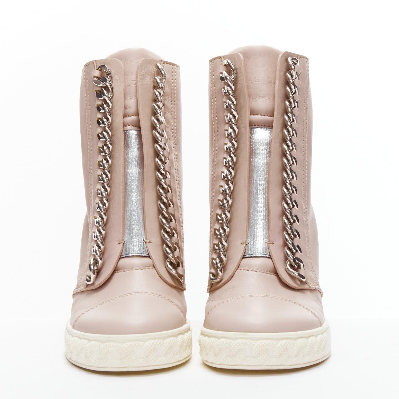 Beige CASADEI pink leather silver chain trim ankle wedge sneakers EU39.5 For Sale