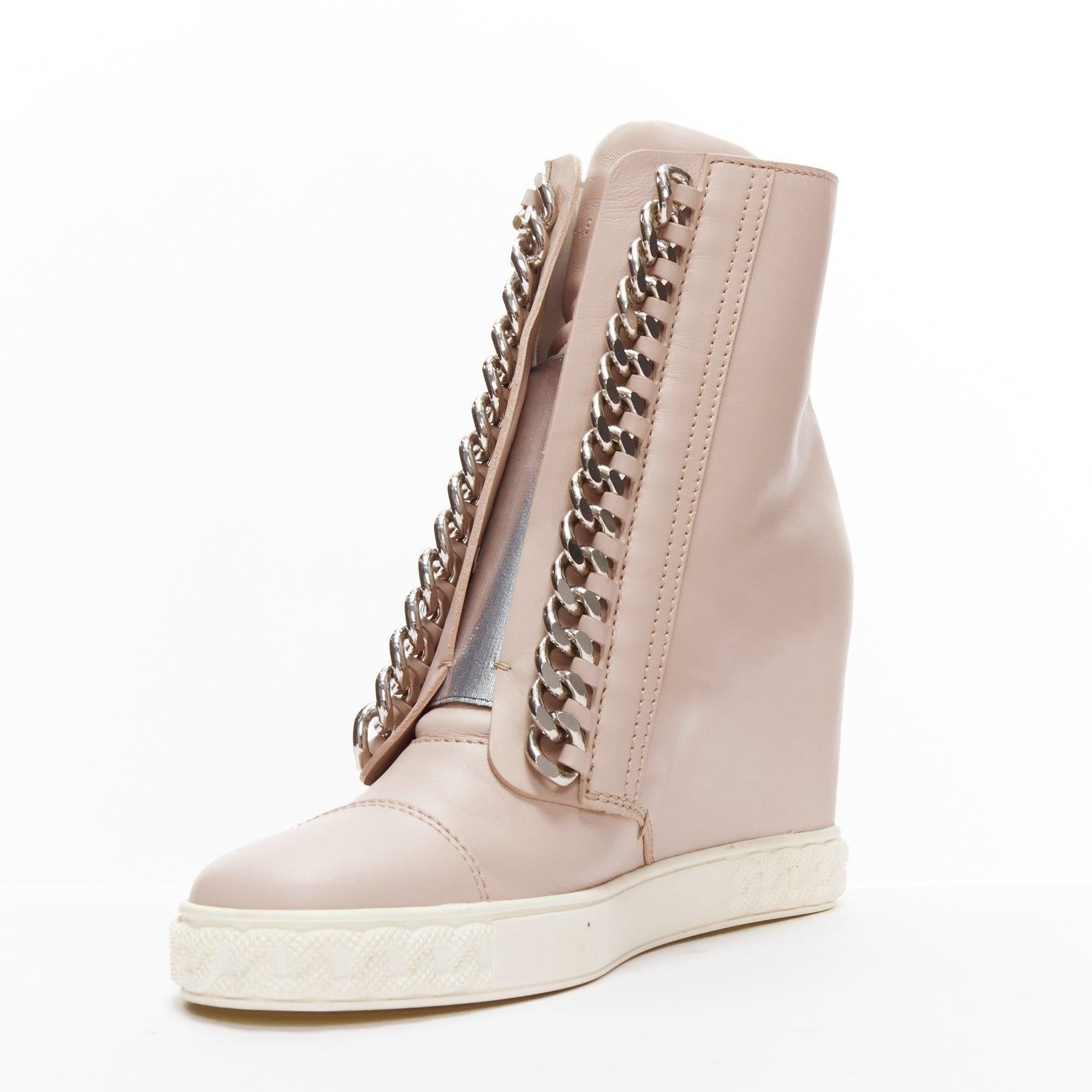 CASADEI pink leather silver chain trim ankle wedge sneakers EU39.5 In Good Condition For Sale In Hong Kong, NT