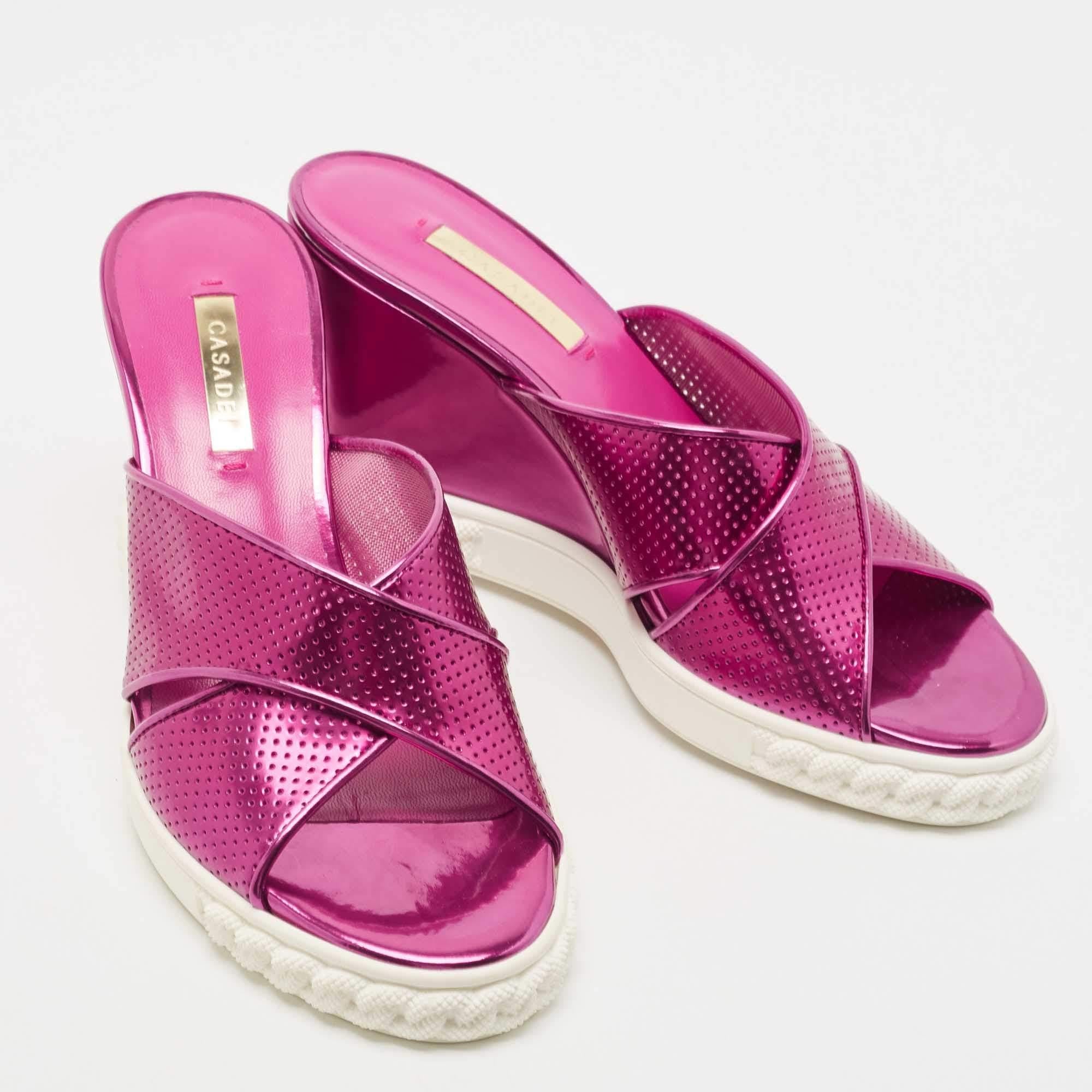 Casadei Pink Perforated Patent Leather Criss Cross Wedge Sandals Size 38 1