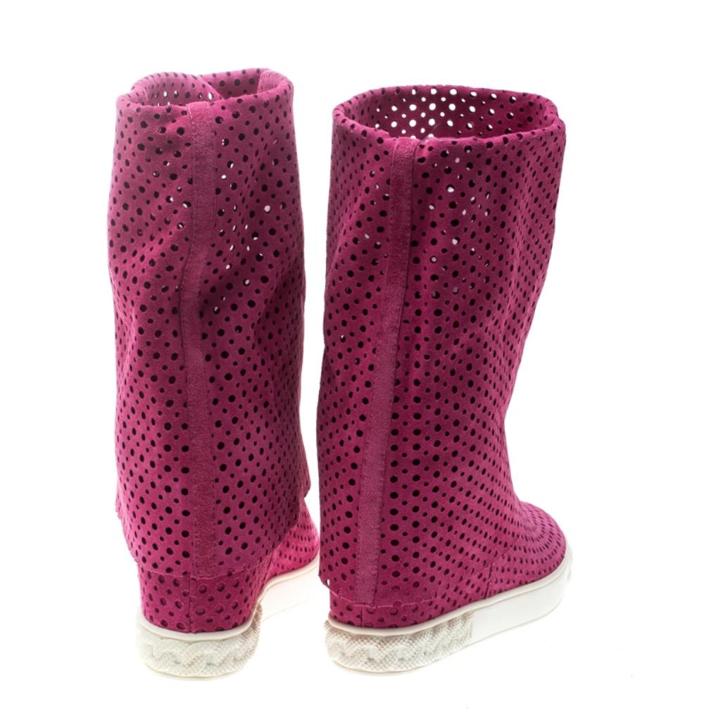 Casadei Pink Perforated Suede Wedge Boots Size 39 2