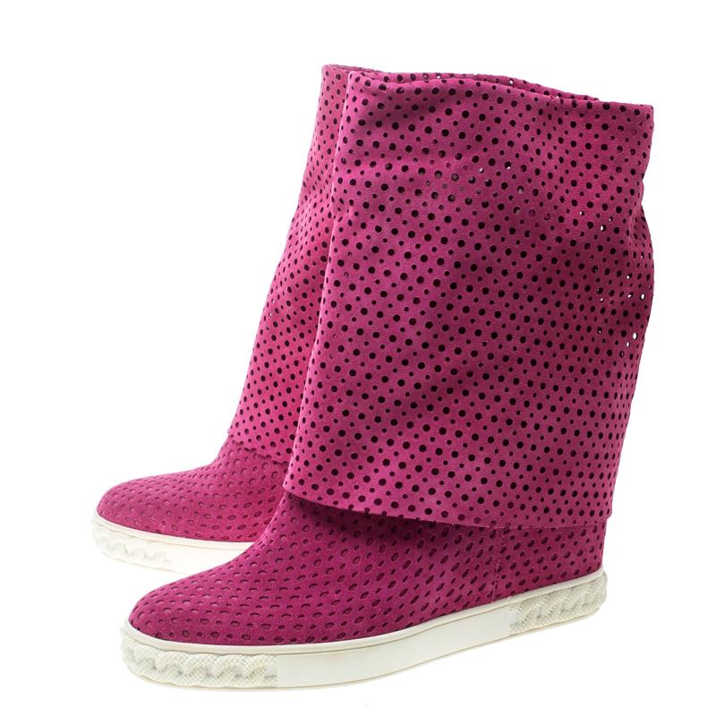 Casadei Pink Perforated Suede Wedge Boots Size 39 3