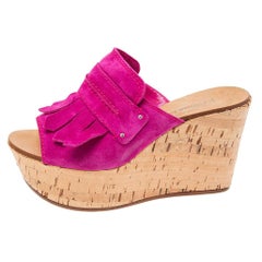 Casadei Pink Suede Tassel Open Toe Cork Platform Wedge Sandals Size 38